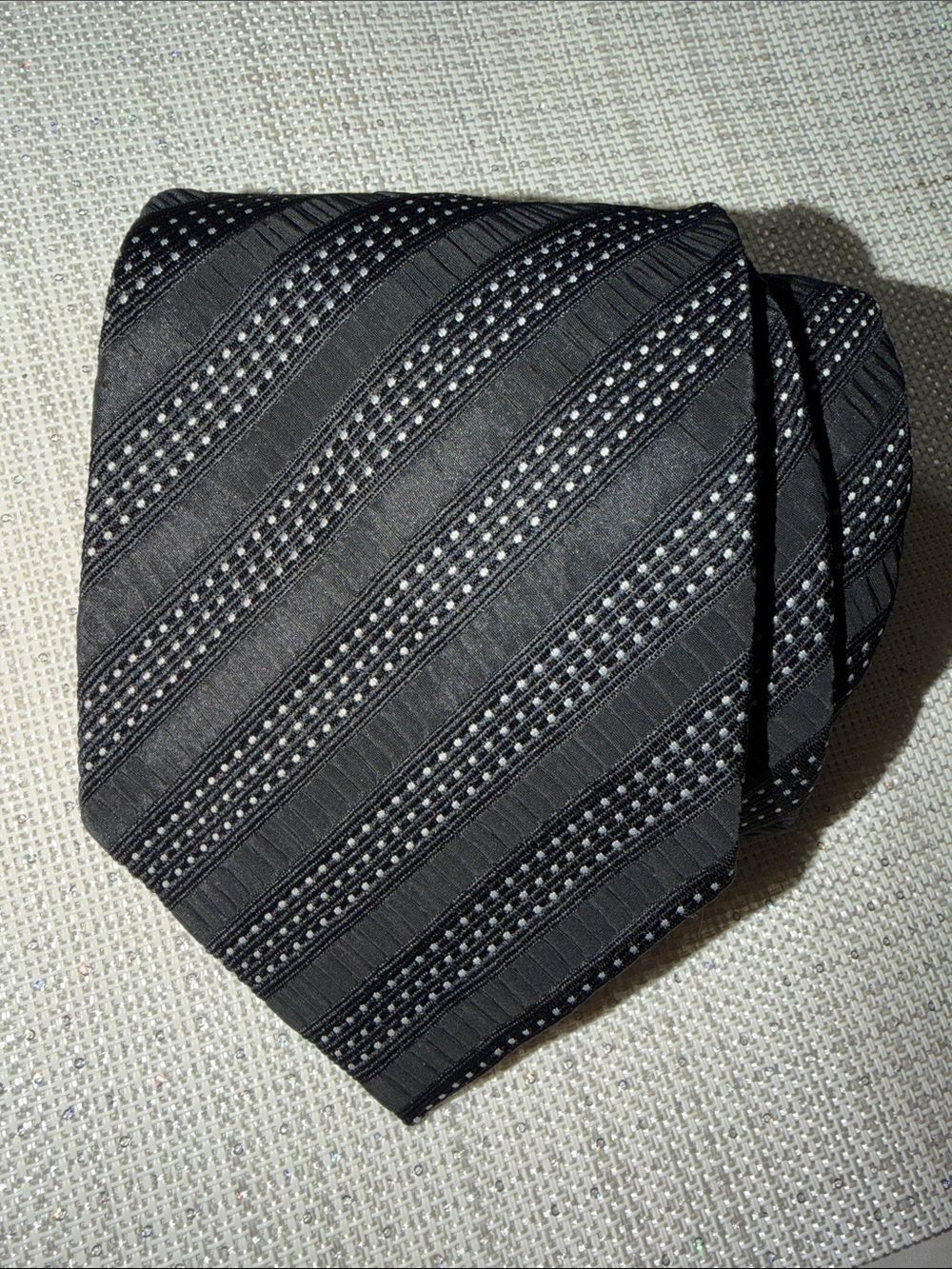 Excello GRENADA Black White Diagonal Stripes Woven Vintage Tie